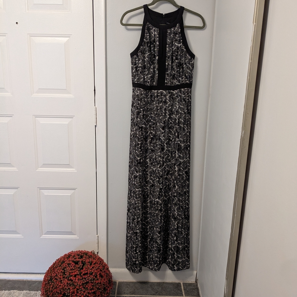White House Black Market Black and White Halter Maxi Gown